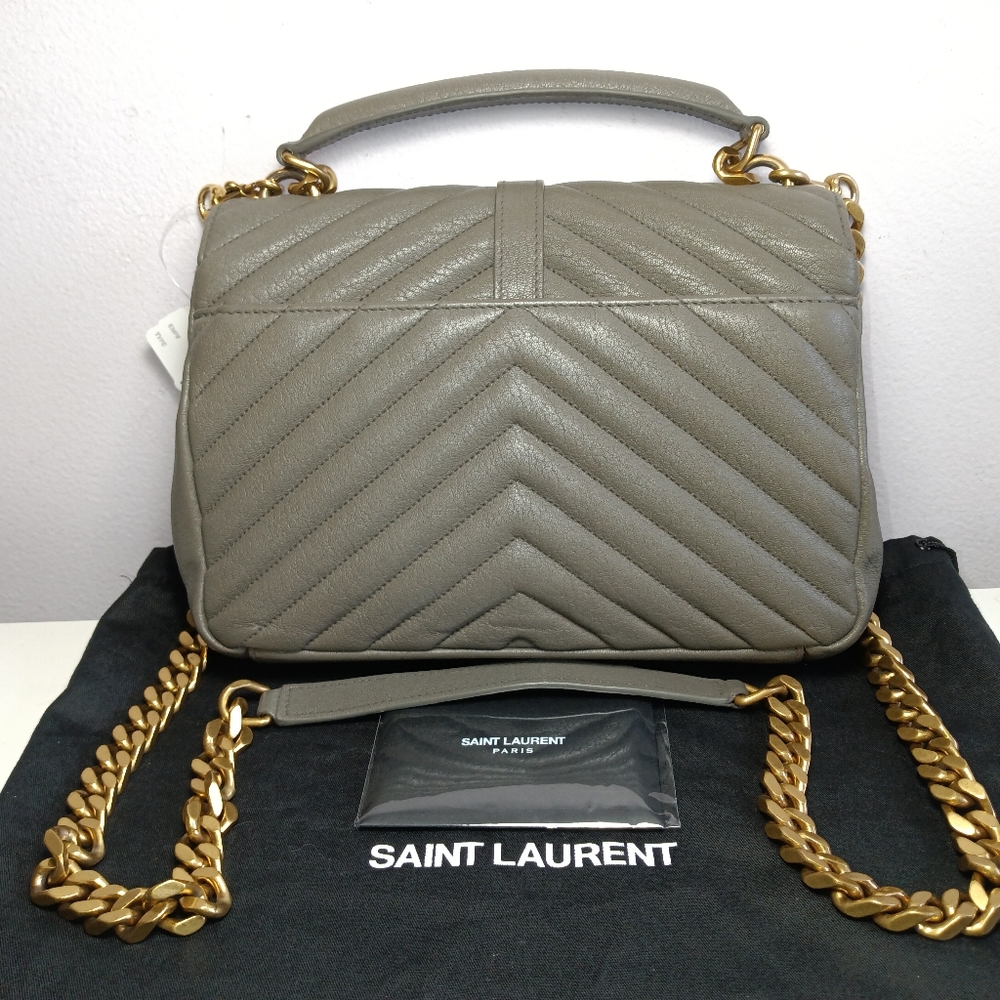NEW SAINT LAURENT COLLEGE MEDIUM CHAIN BAG IN QUILTED LEATHER GREY GOLD - Picture 4 of 16